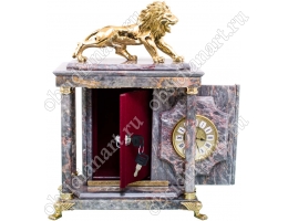 Подарочный сейф из мрамора «Сила и мудрость» с часами и бронзовым львом