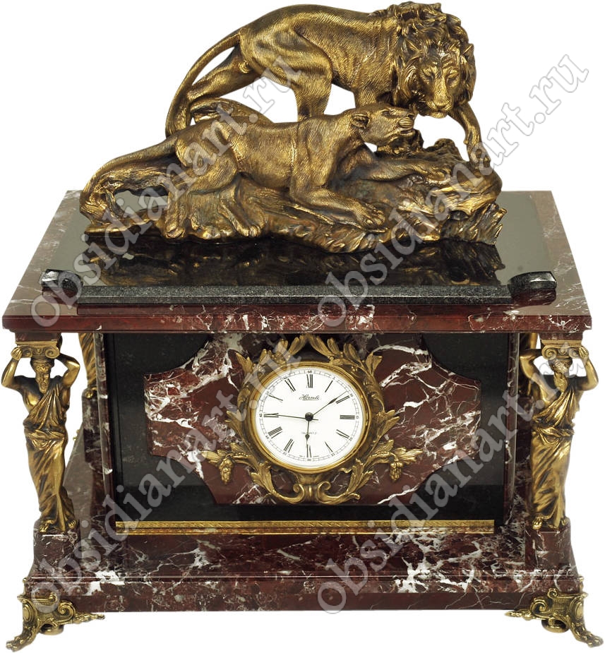 «Лев и львица», Секретный сейф-часы из яшмы со львами и статуэтками из бронзы