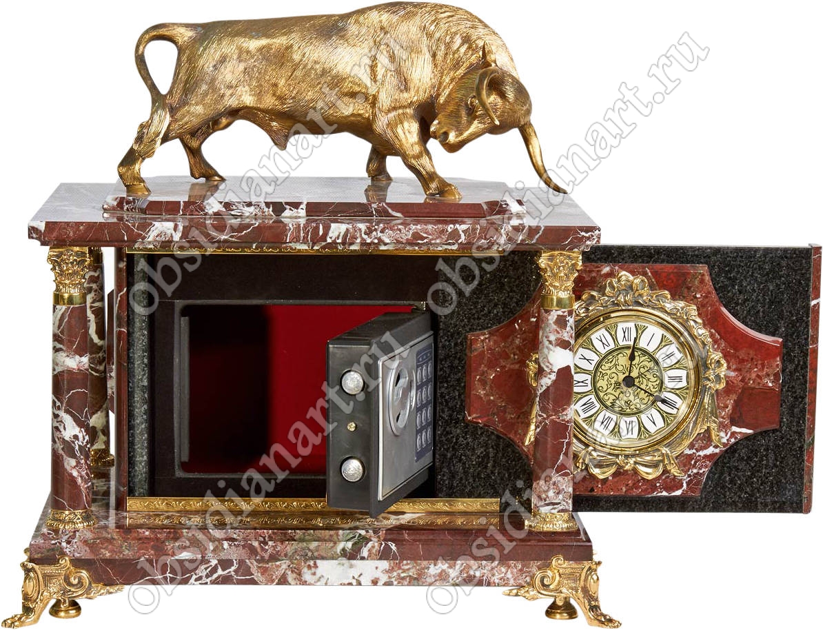 Сейф с часами из красного камня с бронзовой фигуркой символа 2021года - быка