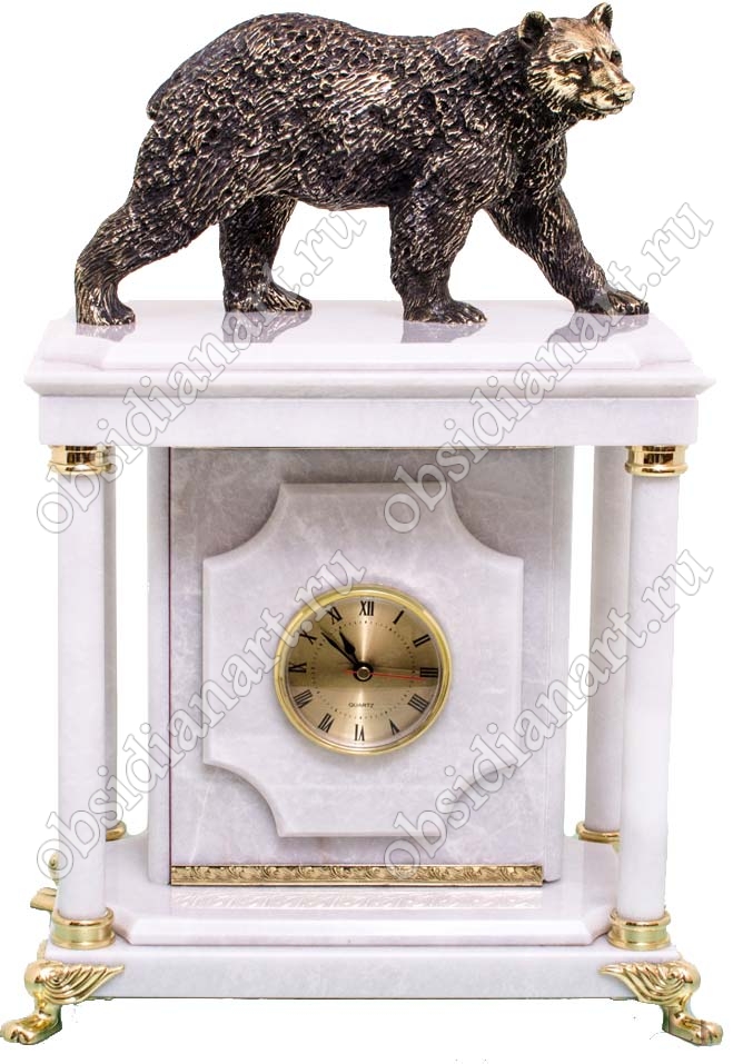 Настольные часы с сейфом и бронзовым медведем «Косолапый», белый мрамор