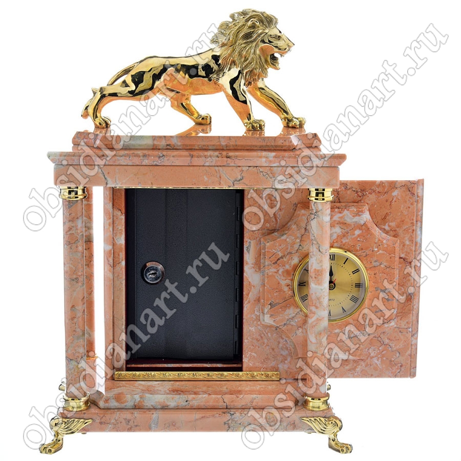 Настольные каминные часы «Сторож» с сейфом и бронзовой скульптурой льва