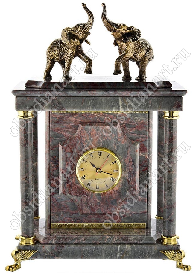 Каминные часы-сейф из мрамора «Слоны» с бронзовыми фигурками слонов