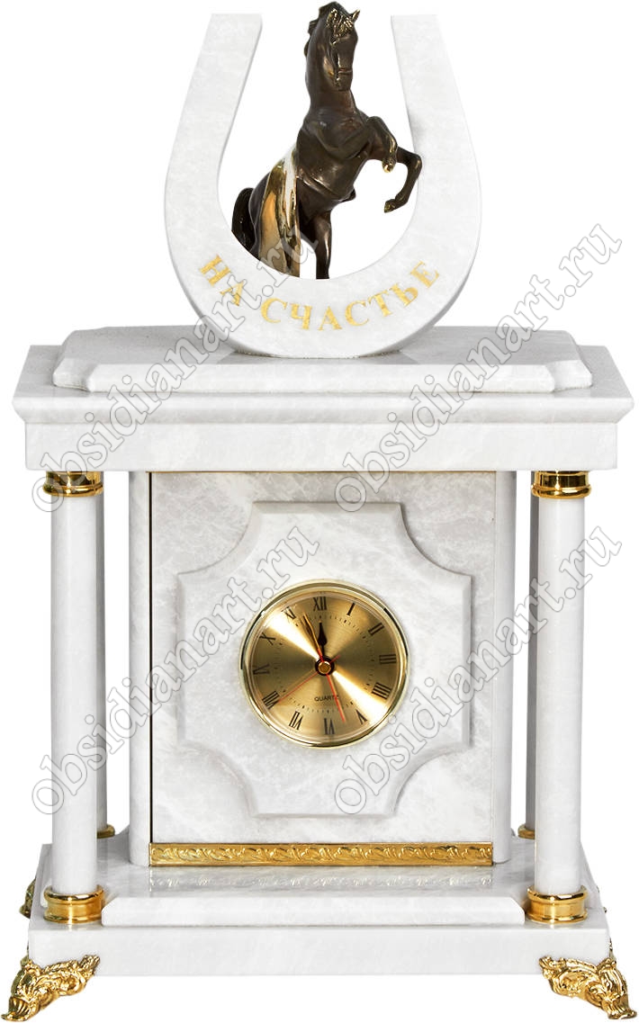 Малые сейф-часы «Подкова на счастье» из белого мрамора с бронзовой лошадкой